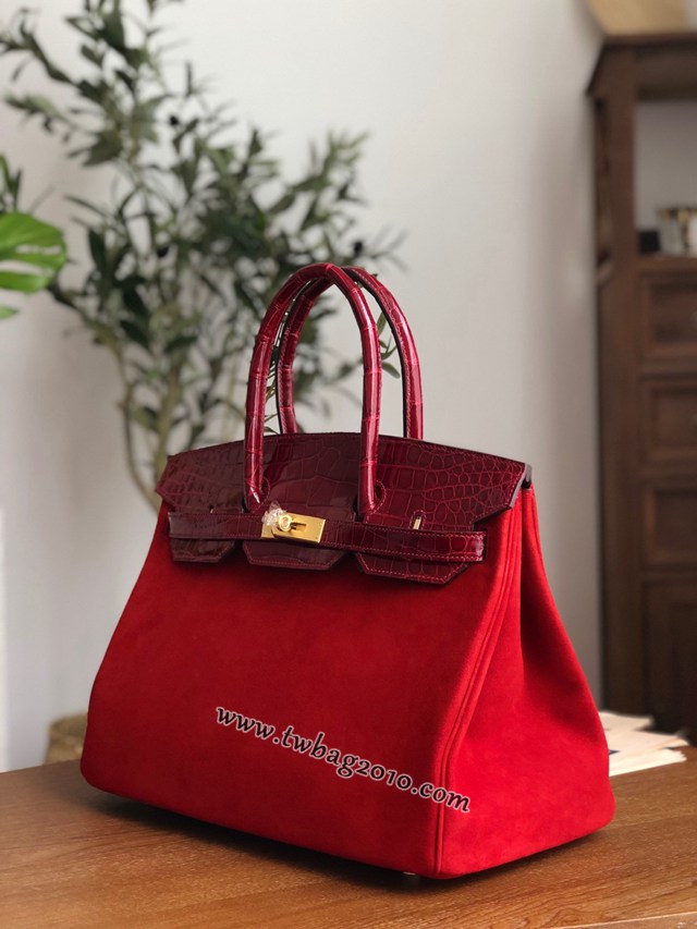 Hermes女包 愛馬仕經典款brikin包 手工蠟線縫製 鱷魚皮拼麂皮 金扣 Hermes拼色手提女包  am2052